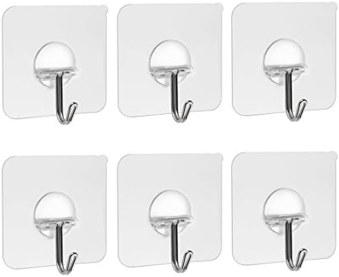 Qliver 13.2lb/6kg(Max) Adhesive Hooks,Nail Free Transparent Reusable Heavy Duty Wall Hooks,No Scratch,Waterproof and Oilproof,Bathroom Kitchen Wall towel hook, Ceiling Hanger (6PACK)