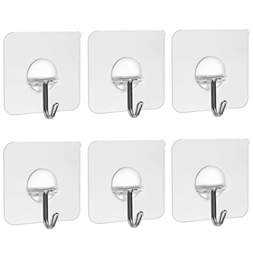 Qliver 13.2lb/6kg(Max) Adhesive Hooks,Nail Free Transparent Reusable Heavy Duty Wall Hooks,No Scratch,Waterproof and Oilproof,Bathroom Kitchen Wall Towel Hooks, Ceiling Hanger(6PACK)