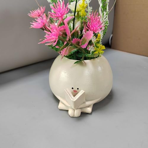 Image of Cute Resin Planter Pot with Book Reading Design - 4.25 Inch Succulent Pot for Desk, Shelf or Office Decor - Small Indoor Plant Container | No Plants or Floral Included