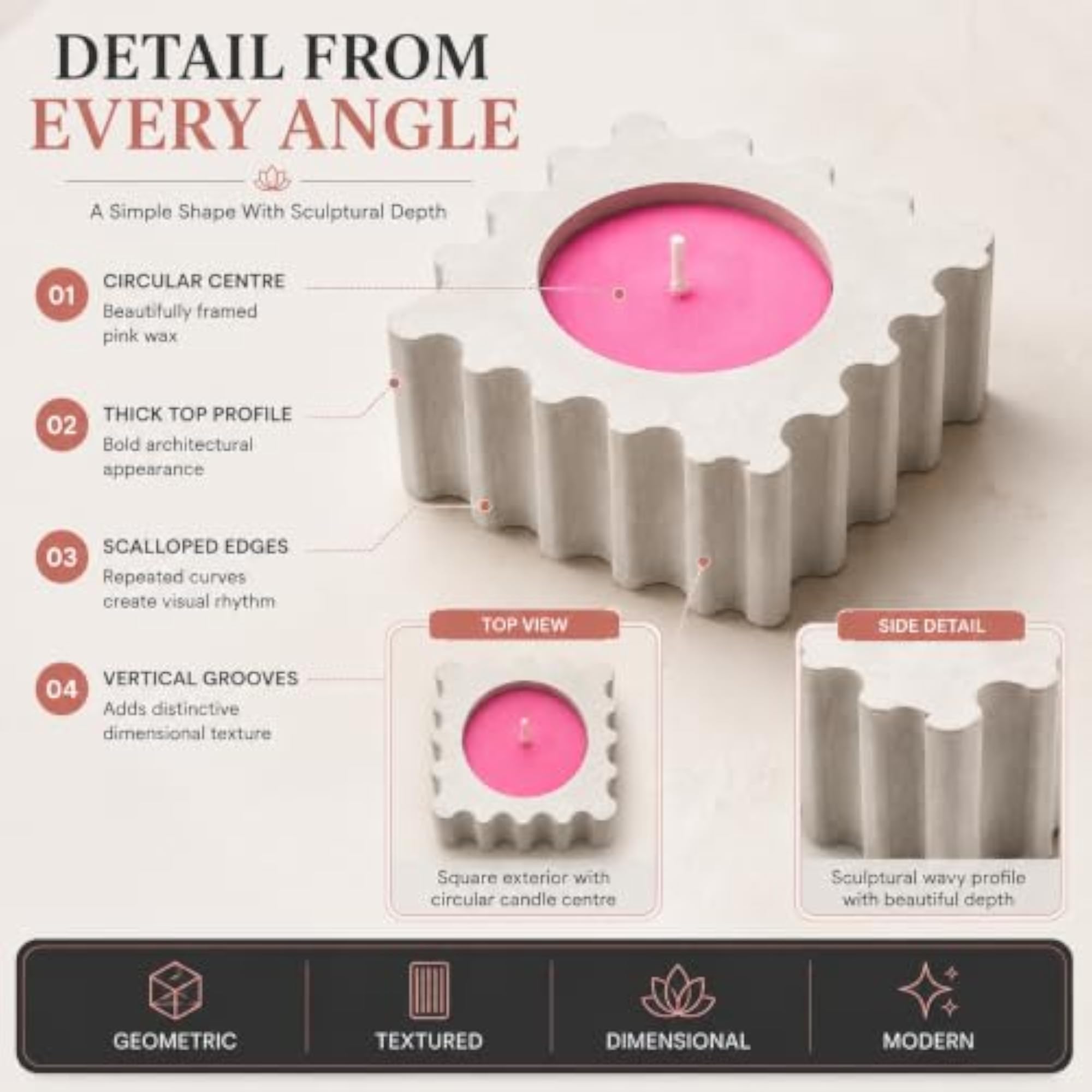 Square Sculptural Pink Wax Candle, Wavy Fluted Design