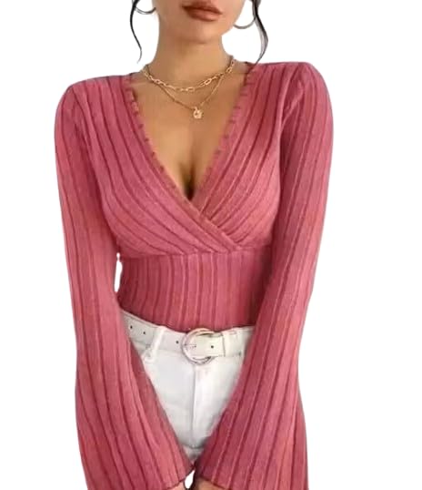 Image of Women Ribbed Knit V-Neck Wrap Top | Long Flare Sleeve Slim Fit Stylish Blouse for Casual