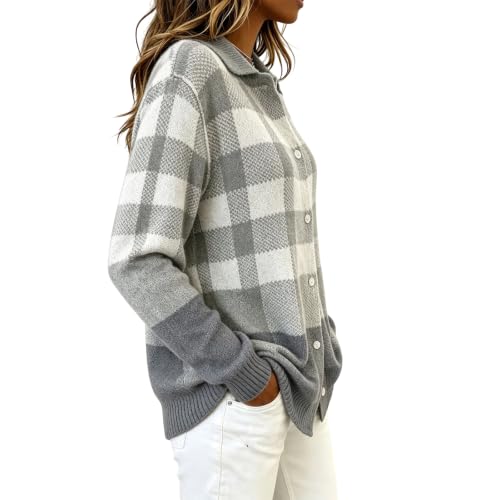 Womens Plaid Knit Cardigan Collar Long Sleeve Button Down Sweater Jacket Color Block Loose Fall Winter Casual Outerwear Black and White - image 2