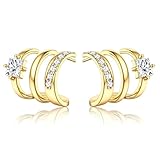 Adramata Pendientes Mujer Plata de Ley 925 - Chapada en Oro de 14K Pendientes Doble Aro con Cadena, Hipoalergénico Cuff Pendiente 4 Prong Wrap Piercing Joyería