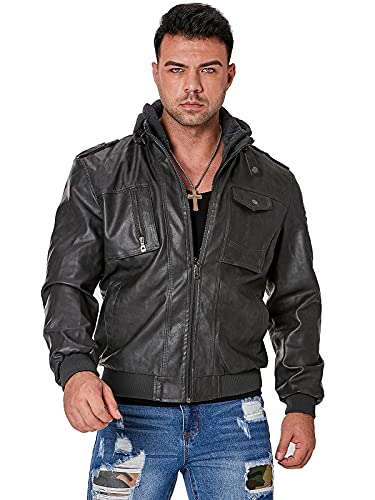 Trekek Men's Faux Leather Jacket Winter Warm Fleece Lined Motorcycle Bomber Jackets With Removable Hood #TOP2
