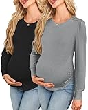 OUGES Womens Stretchy Wool Blend Long Puff Sleeve 2 Packs Maternity Shirts Casual Side Ruched Pregnancy Must Haves Fashion Blouse Tops Fall Maternity Clothes 2025(Black, Gray,XL)