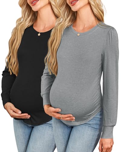 OUGES Womens Stretchy Wool Blend Long Puff Sleeve 2 Packs Maternity Shirts Casual Side Ruched Pregnancy Must Haves Fashion Blouse Tops Fall Maternity Clothes 2025(Black, Gray,XL)
