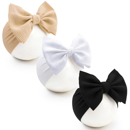 Image of kexinstar Baby Bow Headbands 3 Pcs Baby Girl Headbands with Bows Soft Nylon Kahki/White/Black Headband Bows for Baby Girls, Newborns, Infants