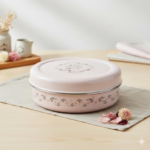 Image of Niyara Premium Stainless Steel Storage Bowl with Lid - Pink Floral Design | Airtight & Durable Kitchen Container for Food, Snacks, Lunch | Decorative Floral Steel Bowl (800ml)