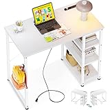 AODK Laptop Desk Small Desk, 32 Inch Computer Desk with Power Outlet and USB & Type-C Charging Port, Writing Desk with 3-Tier Reversible Storage Shelf for Home Office, 32'' x 16'', White