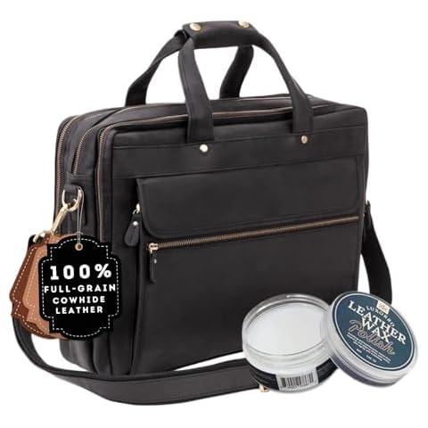 Full-Grain Leather Briefcases for Men with Multiple Compartments, Black, Fits 15.6 Inch Laptop and Leather Wax Polish, 2.82oz Bundle Cover