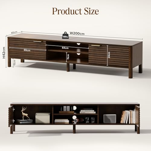 IKALIFE TV Schrank Fernsehtisch Modern - 200 cm TV Lowboard für Fernseher bis zu 80 Zoll, Fernsehschrank mit 2 Stauraum, TV-Board Sideboard TV-Tisch für Wohnzimmer Schlafzimmer, Braun