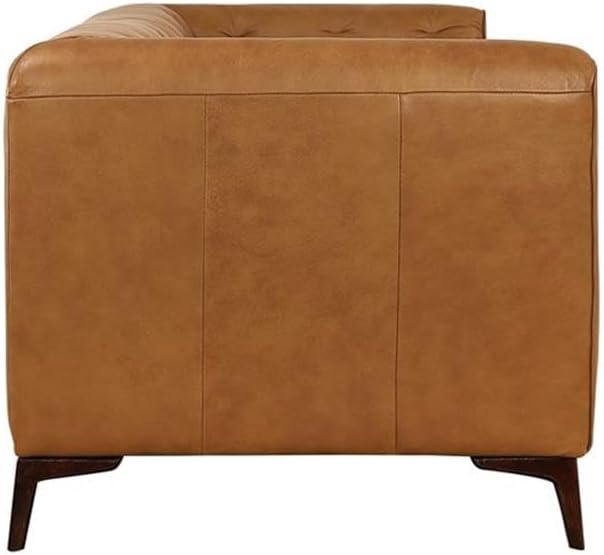 Pemberly Row 90" Tufted Genuine Leather Sofa, Tan Semi-Aniline Italian Leather Upholstery, Solid Wood Frame with Pirelli Webbing, High-Density Foam Cushions, Elegant Living Room Seating