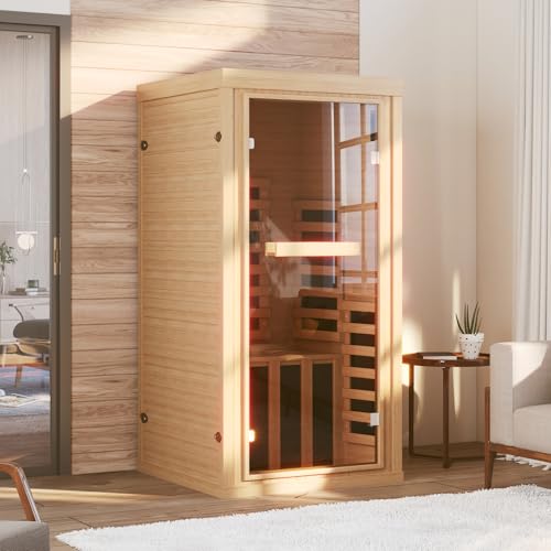 SunSwell 1-2 Person Far Infrared Wooden Sauna Room, Canadian Hemlock Indoor Dry Sauna Spa Room for Low EMF with Bluetooth Speakers and Control Panel, Whole Glass，32'x 32'x 66'