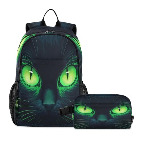 Sac à dos œil de chat vert avec sac à déjeuner assorti pour école et étudiants