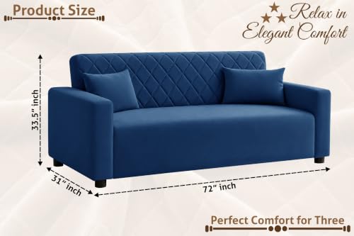 Image of Rosebell 3 Seater Wooden Sofa for Living Room, Modern Fabric Upholstered Sofa with Quilted Backrest, Cushioned Seating, Padded Armrests & Sturdy Wooden Frame - Blue