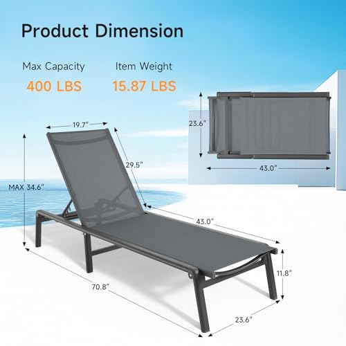 ONBRILL Aluminum Chaise Lounge Chair Outdoor, Foldable & Assembly Free Outdoor Lounge Chair with 5 Position Adjustable Backrest, Patio Pool Lounge Chairs for Outside Poolside Beach Lawn, 1PC, Grey