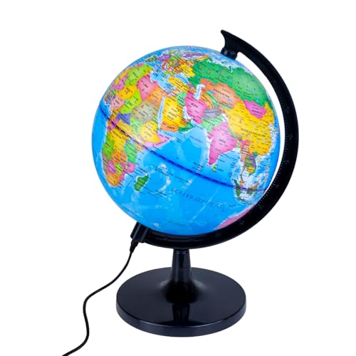Raylu Paper Globo Terráqueo Azul de 20cm con Luz y Cable USB, Bola del Mundo Iluminada Giratoria en Español con Cartografía y Meridiano, Esfera del Mundo para Aprendizaje y Decorativo (Azul, 20cm)