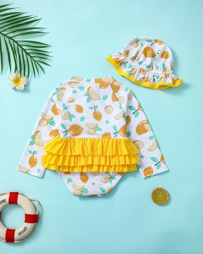 Image of Toddler Girl Swimsuit Baby Girl Bathing Suit Long Sleeve Floral Zipper One-Piece Rash Guard Swimsuit with Hat