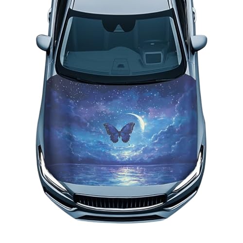 Image of Car Hood Cover,All Weather Comfortable Car Hood Cover Protector Suitable Most Automotive Sedans Trucks Pickup Sports Cars Accessories Blue Butterfly Moon