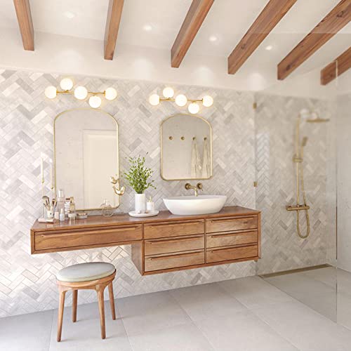 Image of Bathroom Vanity Lights, 5-Light Bathroom Light Fixtures, Mid Century Modern Brass Bathroom Light Ceiling Light, Wall Sconces Semi-Flush Mount Light Fixture with Milk Globe Glass, Brass Gold, G9 Base