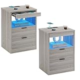 ADORNEVE LED Nightstands Set of 2, Grey Nightstand with Wireless Charging Station 2 Drawers, Modern Bedroom End Side Table with LED Lights, Wooden Sofa Bedside Table with Pull-Out Shelf
