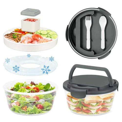 Image of Salad Container for Lunch, Bento Lunch Box 58-oz with 4 Compartments Tray and Ice Pack, Leak-Proof Salad Bowl with Lid for Adults, BPA-Free Lunch Box for Meal Prep & Food Storage(Grey)