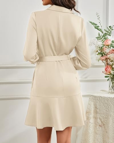 Image of Women's Long Sleeve Button Up Midi Belt Shift Collar Dress with Pockets for Work Office Business