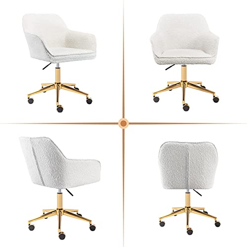 Zesthouse Boucle Home Office Chair Modern Desk Chair With Wheels, White Vanity Chair For Girls Women, Upholstered Swivel Armchair For Bedroom, Height Adjustable Computer Task Chair, Gold Base #TOP4
