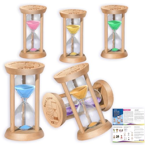 SuLiao Sand Timer, Colorful Hourglass Sandglass Timer, Wooden Sand Clock 30Sec/1 min/2 min/3 min/5 min/10 min for Brushing Children's Teeth, Cooking, Games, School, Office (Pack of 6)