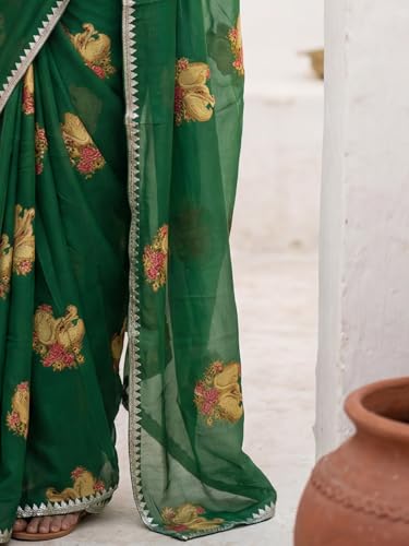 Image of AKHILAM Women's Chiffon Ethnic Motif Print Zari Border Saree With Unstitched Blouse Piece (KNIKA2001 AI Parent)