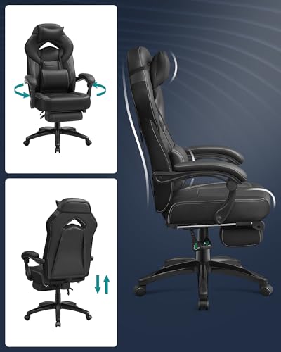 Sedia Gaming, Sedia Ufficio Scrivania, Ergonomico, con Poggiapiedi, Poggiatesta Regolabile, Cuscino Lombare, Portata 150 kg, Nero OBG077B01 - Sedia gaming - Immagine 6