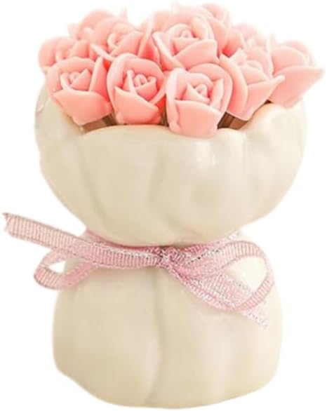 12 Pcs Rose Shaped Fruit Forks with Ceramic Vase Holder Stainless Steel Dessert Picks, Decorative Rose Bouquet Fork Set for Fruit, Cake, Appetizers, Party Decor & Home Table Centerpiece(Pink)