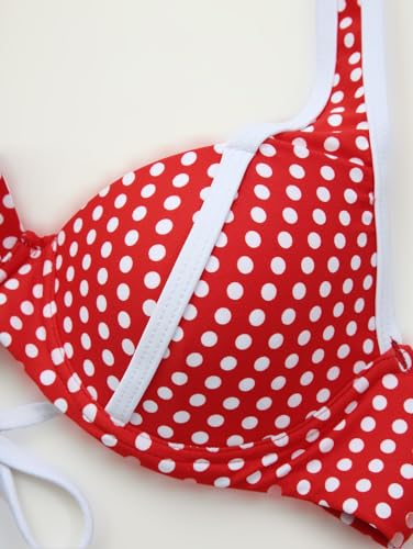 Rosegalette Women's Red Polka Dot Print Underwire High Leg Three Piece 2026 Bikini Set with Skirt,Red,S — view 5