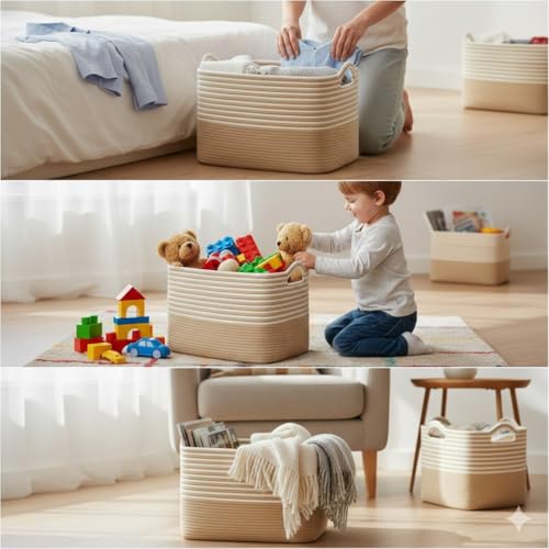 Image of Large Storage Basket, Woven Blanket Basket, Toy Basket with Handle, Laundry Hamper for Living Room, Nursery, Bedroom- 20x15x12 (LXWXH) (beige mix)