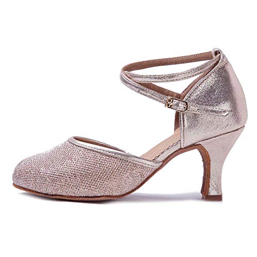 HIPPOSEUS Zapatos de Baile de Cuero sintético Brillo para Mujer con Dedos Cerrados Zapatos de Baile de práctica Zapatos de Baile de Boda estándar, Modelo WX-CL,Dorado Champagne Color,EU 39/6.5 UK