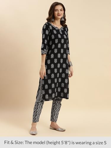 Image of rangita Black Cotton Printed Straight Kurta with Pant | Kurta Set for Women