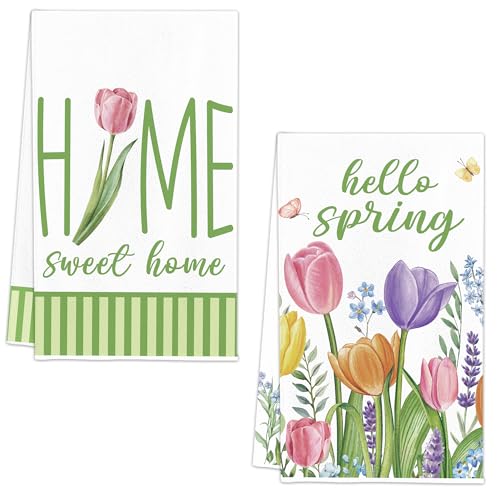Image of FUTBU Spring Tulips Kitchen Towels, Hello Spring Dish Towels Set of 2 for Bathroom Decor, 18x26Inch Drying Dishcloth Farmhouse Holiday Home Sweet Home Decoration