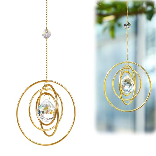 LUMOOM Attrape-soleil en cristal pour fenêtre - Arc-en-ciel avec 4 anneaux en laiton - Décoration de fenêtre à suspendre pour jardin, mariage - Doré