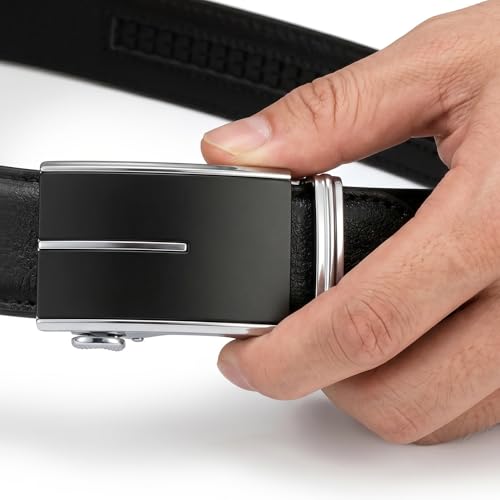 Image of JINIU Men's Ratchet Belt Buckle, Black Genuine Leather Slide Belt for Men Dress Suit, Micro Adjustable Trim to Fit Boxed