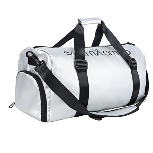 Sports Gym Bag Travel Duffel Bag Waterproof Weekender Overnight Tote Carry On Bag With Wet Pocket & Shoes Compartment For Men Women Lightweight Adjustable Strap (Silver, Medium) #TOP6