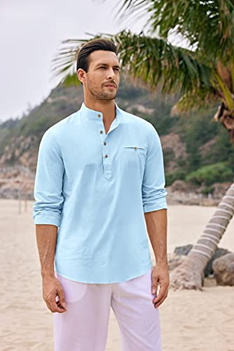 Mens Linen Cotton Henley Shirts Long Sleeve Beach Shirt Casual Lightweight Hippie Yoga Tops Blue #TOP1