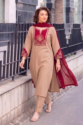 Image of ANNI Designer Kurta Set for Women Viscose Blend Embroidered | Kurta Pant Dupatta Set for Woman | Straight 3 Piece Outfit V Neck 3 /4 Sleeve Stylish Ethnic Dress Trendy Womens Clothing