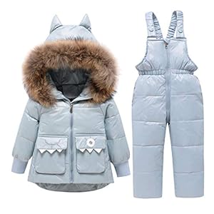 Amissz Baby Boys Girls Snowsuit,Toddler Winter Outfit Sets Kids Hooded Artificial Fur Down Jacket Coat and Ski Bib Pants