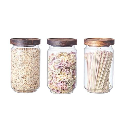 Eden & Willow Airtight Borosilicate Glass Kitchen Storage Jars with Acacia Wooden Lids, Food-Safe Pantry Organiser, Suitable for Home and Kitchen Use (Set of 3, 730ml)
