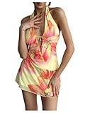 Floerns Women's Boho Deep V Neck Floral Halter Dress Sleeveless Beach Vacation Mini Dresses Yellow Medium