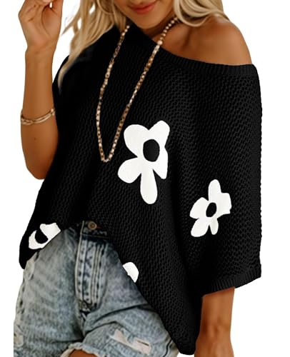 Image of SELINK Flower Crochet Tops for Women Short Sleeve Hollow Out Sweaters Swimsuit Cover Ups Lightweight Knit Pullover