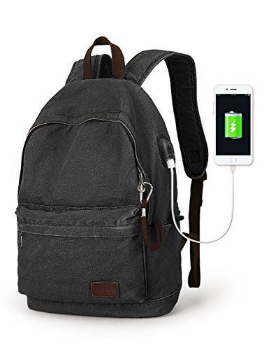 Muzze Canvas Backpack for Women and Men, Lightweight Classic Laptop Backpack with USB Charging Port for School, Travel and Daily Use, Black