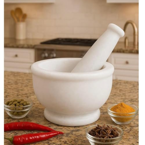 Image of BR & Sons Marble Mortar and Pestle | White 5 Inches | Imam Dasta, Kundi, Kharal, Okhli, Khalbatta