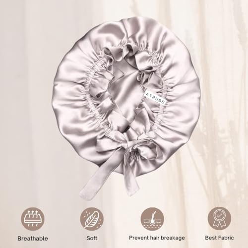 Image of Atrube's Silk Satin Hair Bonnet Reversible with Adjustable Tie Band Wrap Satin Wrap with Hair Scalp Massager Shampoo Brush and 3 Scrunchies (Grey)