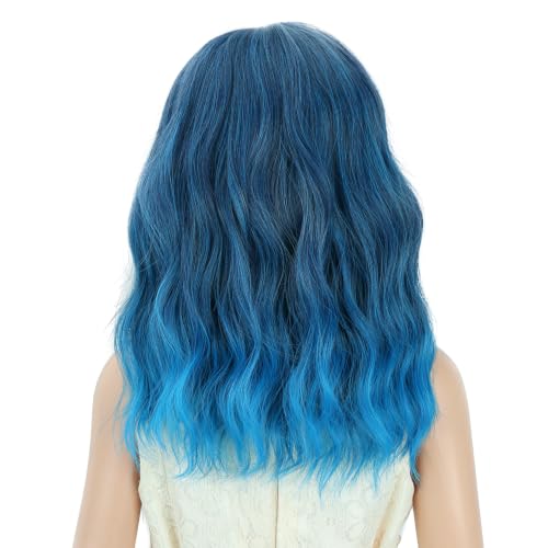 Image of PATTNIUM Blue Short Curly Wavy Wigs for Kids Girls Mixed Blue Side Part Shoulder Length Heat Resistant Synthetic Wig Halloween Cosplay Costume Party Wigs